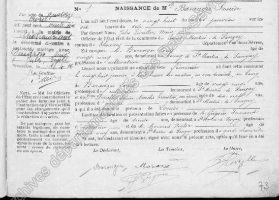 Birth of Louise Baranger. Archives départementales des Deux-Sèvres