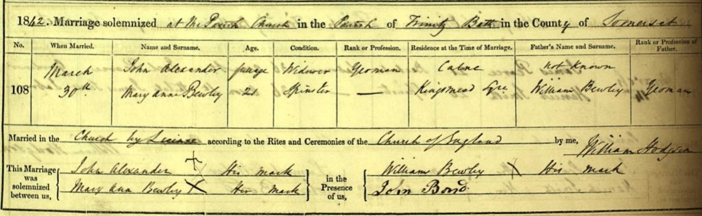 Marriage certificate of John Alexander, widower, of full age, to Mary Ann Bewley, 21, spinster, on 30 March 1842 in the Parish Church in the Parish of Trinity Bath, Somerset